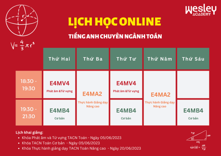 Lịch học Tiếng Anh chuyên ngành Toán